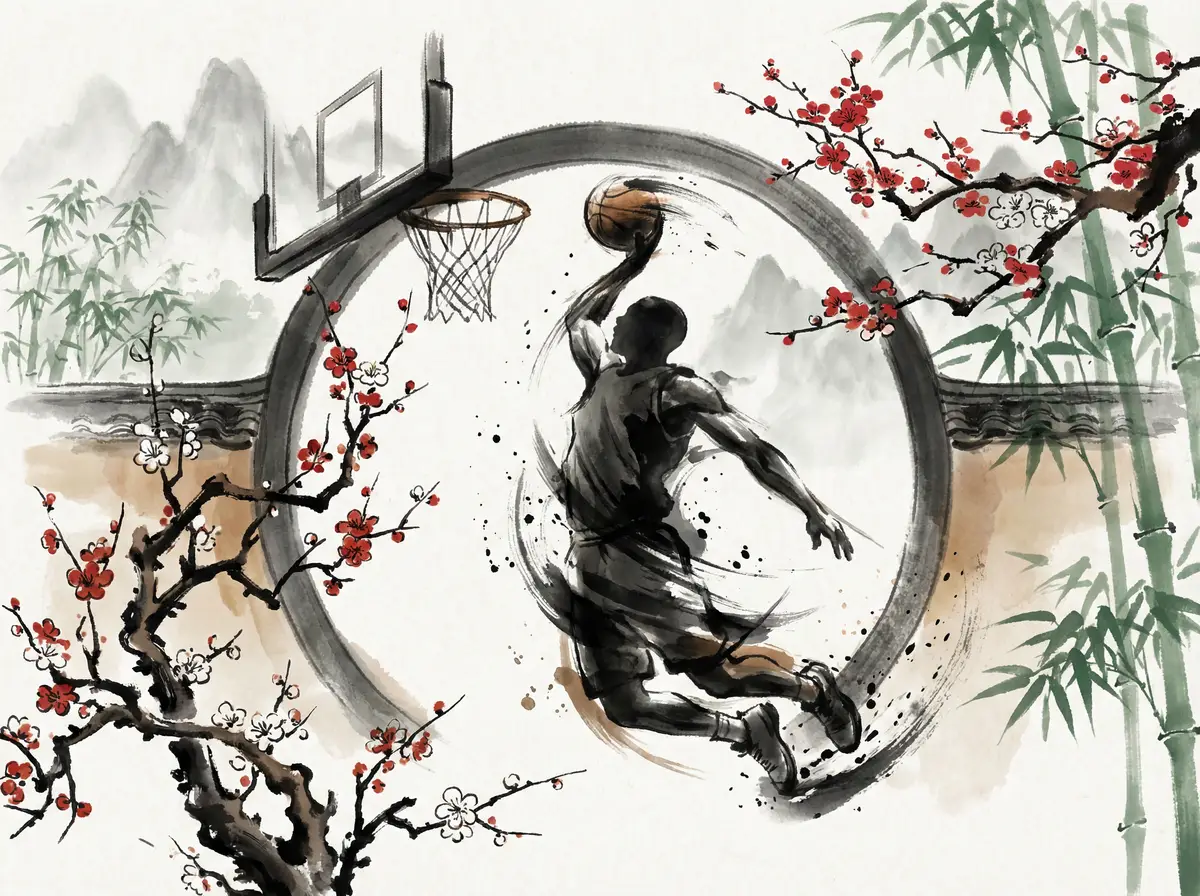 水墨风格渲染的篮球扣篮精彩瞬间